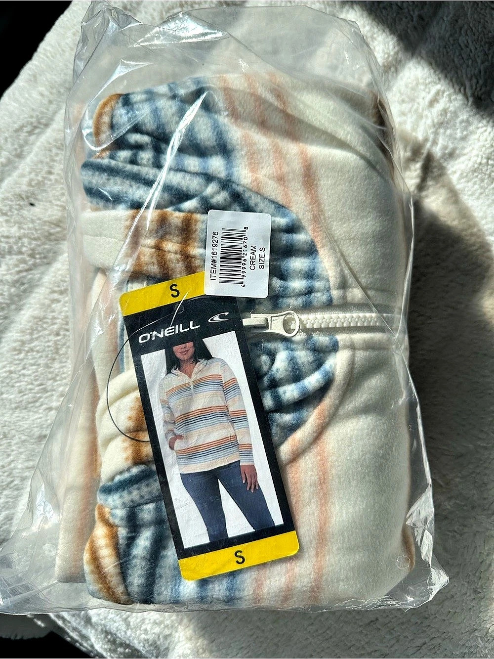 O'Neill Bavaro Stripe Poncho Pullover Fleece Cream & Blue Womens Small NWT